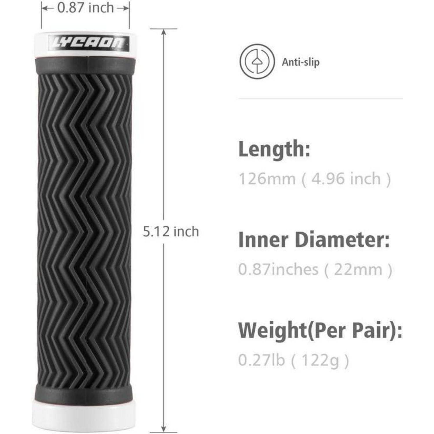 Schwarze, rutschfeste Fahrradlenkgriffe mit Zickzack-Muster. Abmessungen: Länge 126 mm (4,96 Zoll), Innendurchmesser 0,87 Zoll (22 mm), Gewicht 0,27 lb (122 g) pro Paar.