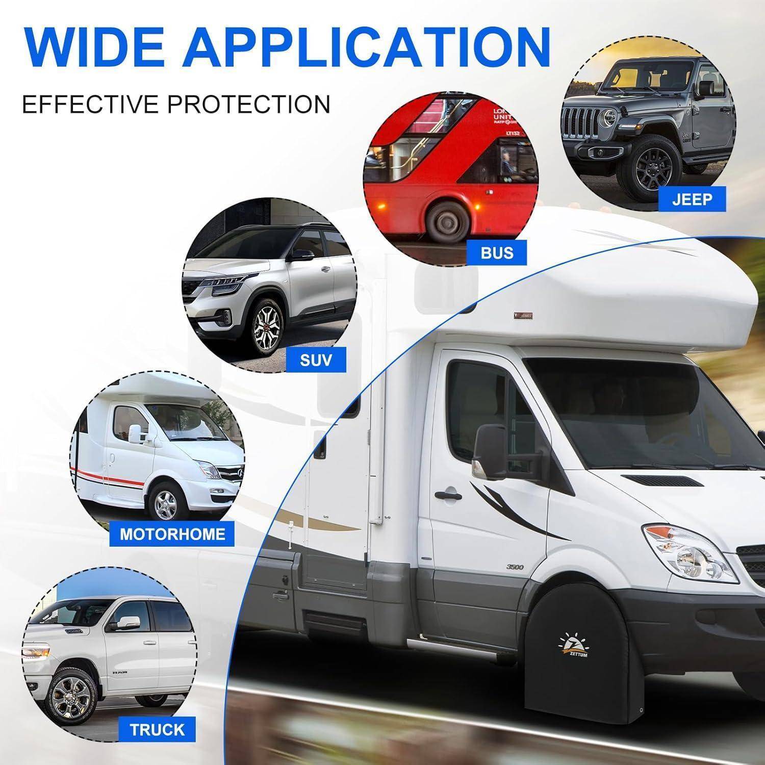 Breite Anwendung: Effektiver Schutz.' Bild mit verschiedenen Fahrzeugen wie einem Bus, Jeep, SUV, Wohnmobil und Lastwagen.