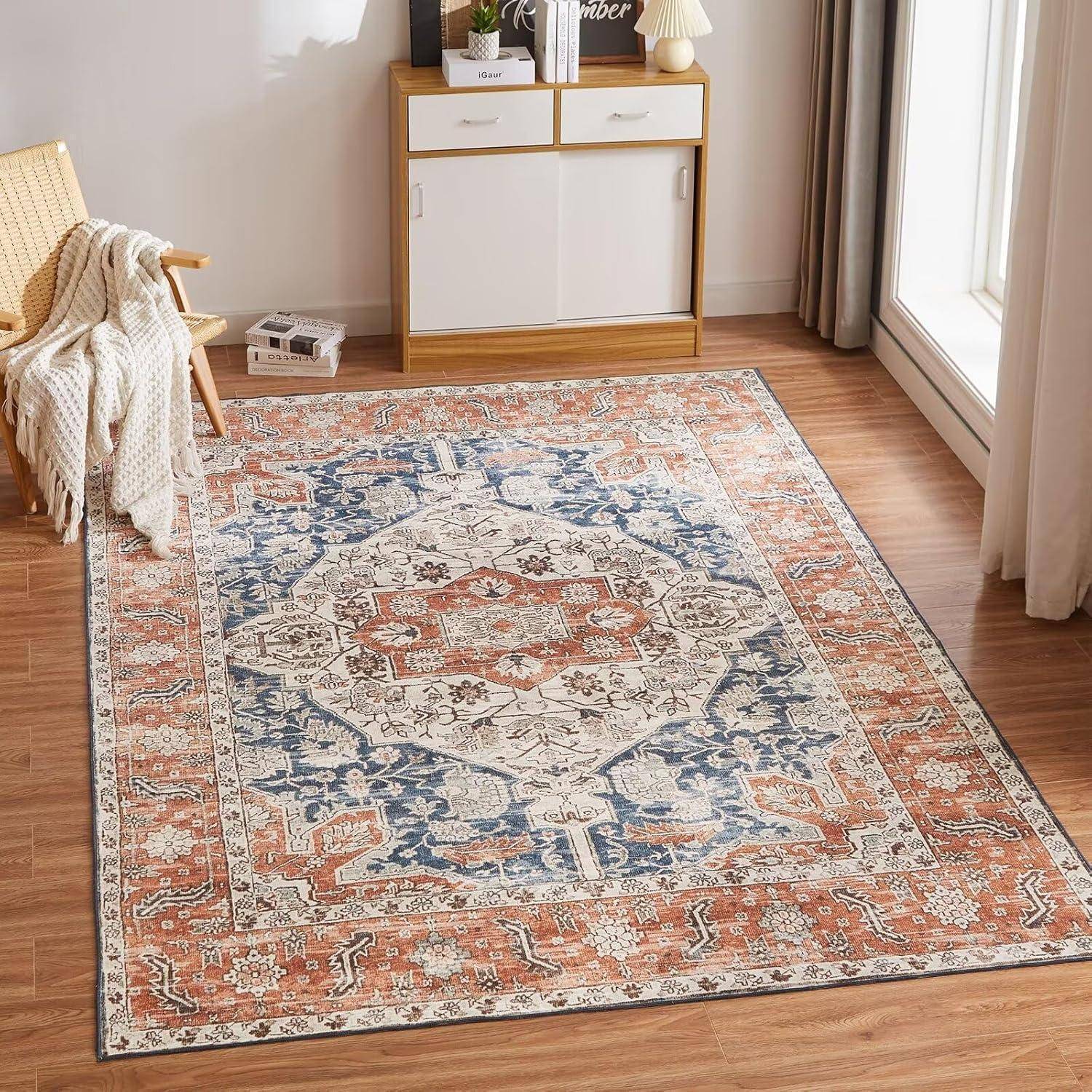 Teppich waschbar Wohnzimmer Kurzflor Vintage Orange 120x170CM
