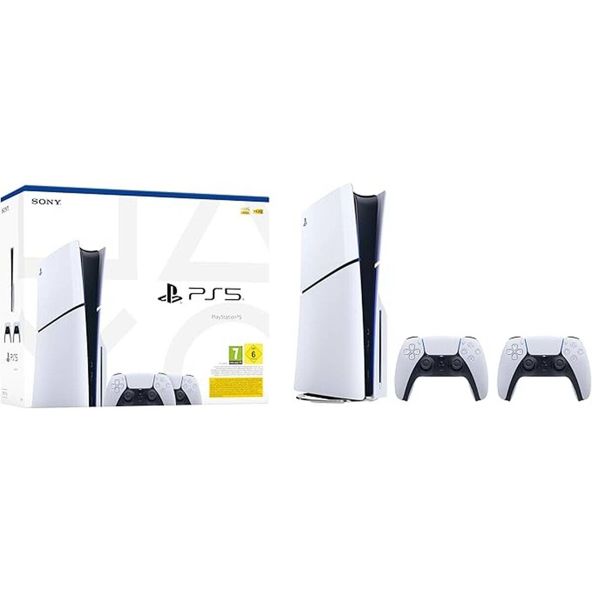 PlayStation 5-Konsolen-Paket und Konsole mit zwei weißen Controllern auf weißem Hintergrund dargestellt.
