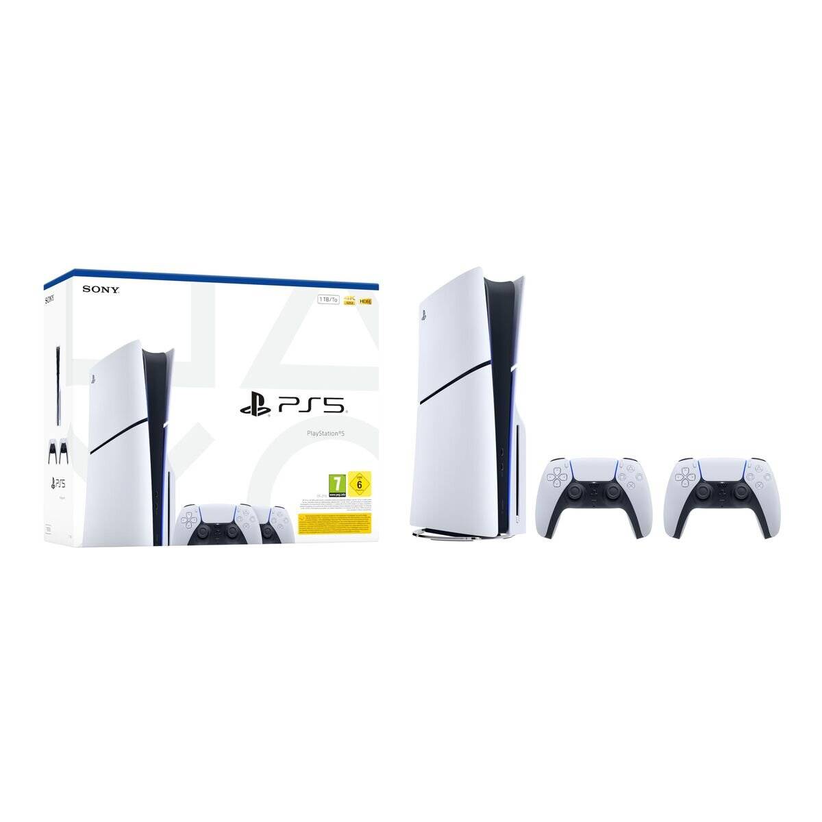 Sony PlayStation 5 Konsolen-Bundle mit Karton, einer weißen PS5-Konsole und zwei kabellosen Controllern auf weißem Hintergrund.