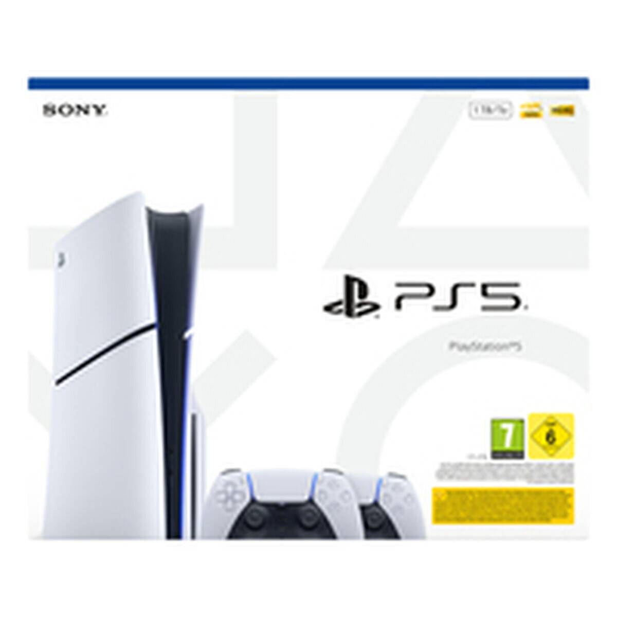 PlayStation 5 Spielcover-Kunst mit der Konsole und dem DualSense-Controller, mit dem PS5-Logo und Altersfreigabe-Symbolen.