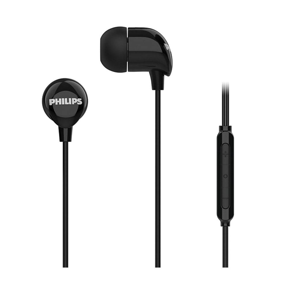Schwarze Philips In-Ear-Kopfhörer mit einer integrierten Steuerungstaste am Kabel.