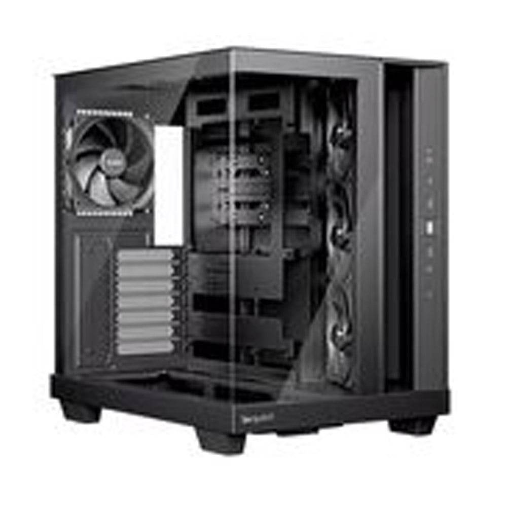 Ein schwarzes Desktop-Computergehäuse mit einer transparenten Seitenscheibe, die Kühlventilatoren und mehrere interne Steckplätze für Hardware-Komponenten zeigt.