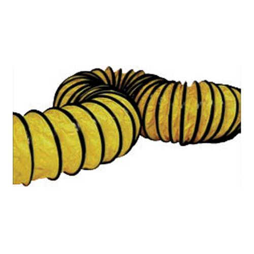 Gelbe flexible Lüftungsschläuche mit schwarzen Ringen, aufgerollt auf weißem Hintergrund.