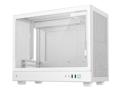 Weißes Computergehäuse mit Meshpaneelen an den Seiten und oben, das ein minimalistisches Design präsentiert. Die Frontplatte verfügt über Anschlüsse und einen Einschaltknopf.