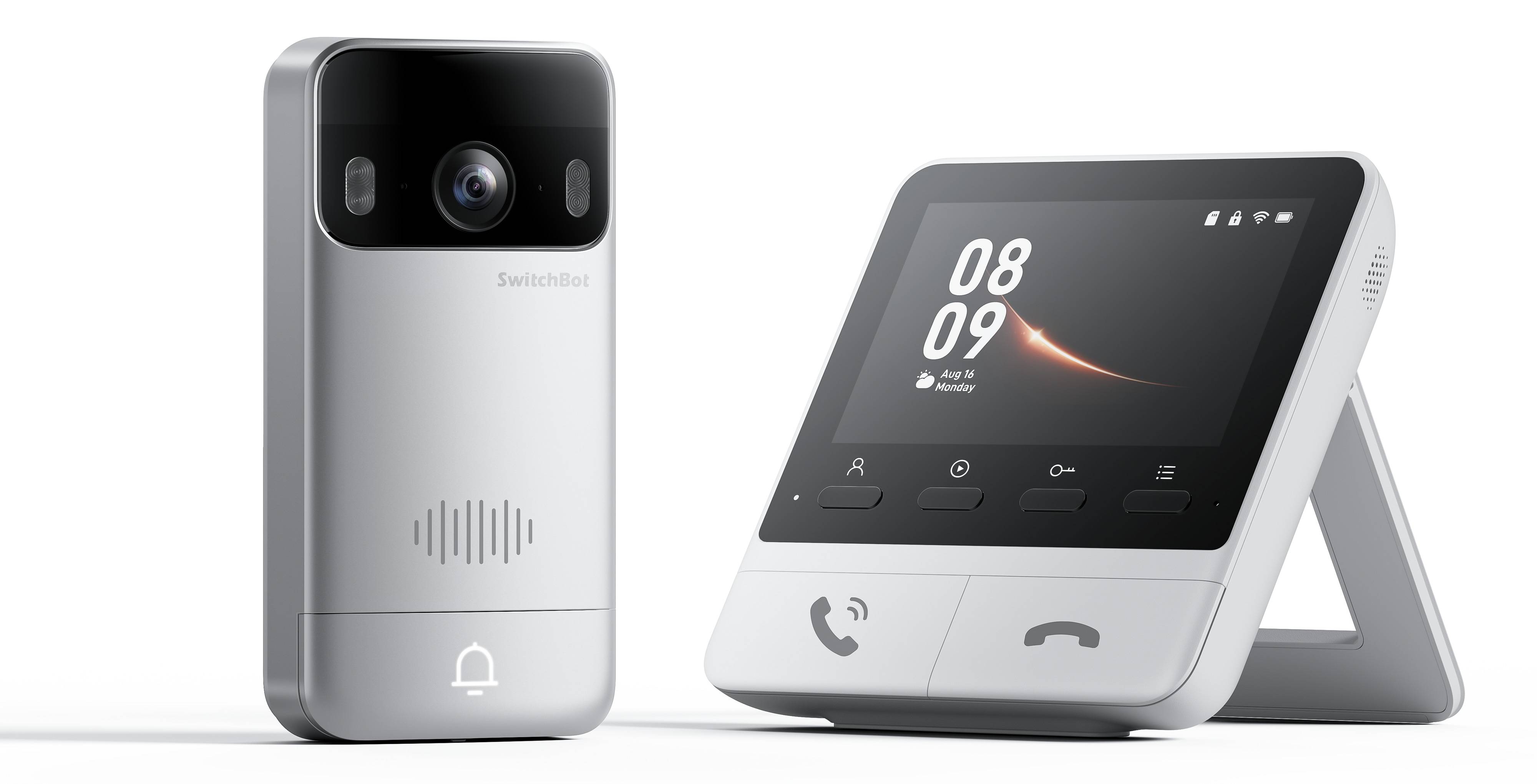 Eine intelligente Türklingel und Kommunikationsvorrichtung mit Kamera und Anzeigebildschirm, auf dem die Uhrzeit und das Datum angezeigt werden. Widgets für Anrufe und Voicemail sind sichtbar.