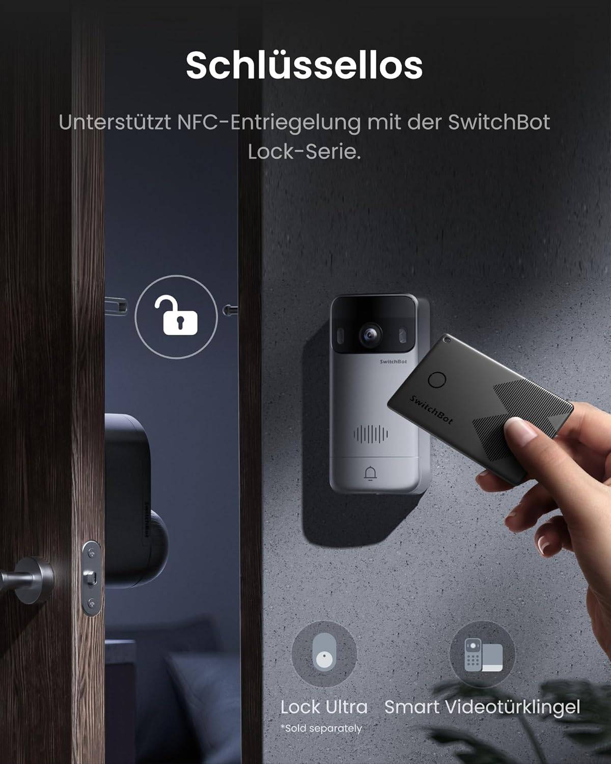 Eine Person entriegelt ein Smart-Türschloss mithilfe eines NFC-fähigen Geräts aus der SwitchBot Lock-Serie. Die Tür steht leicht offen.