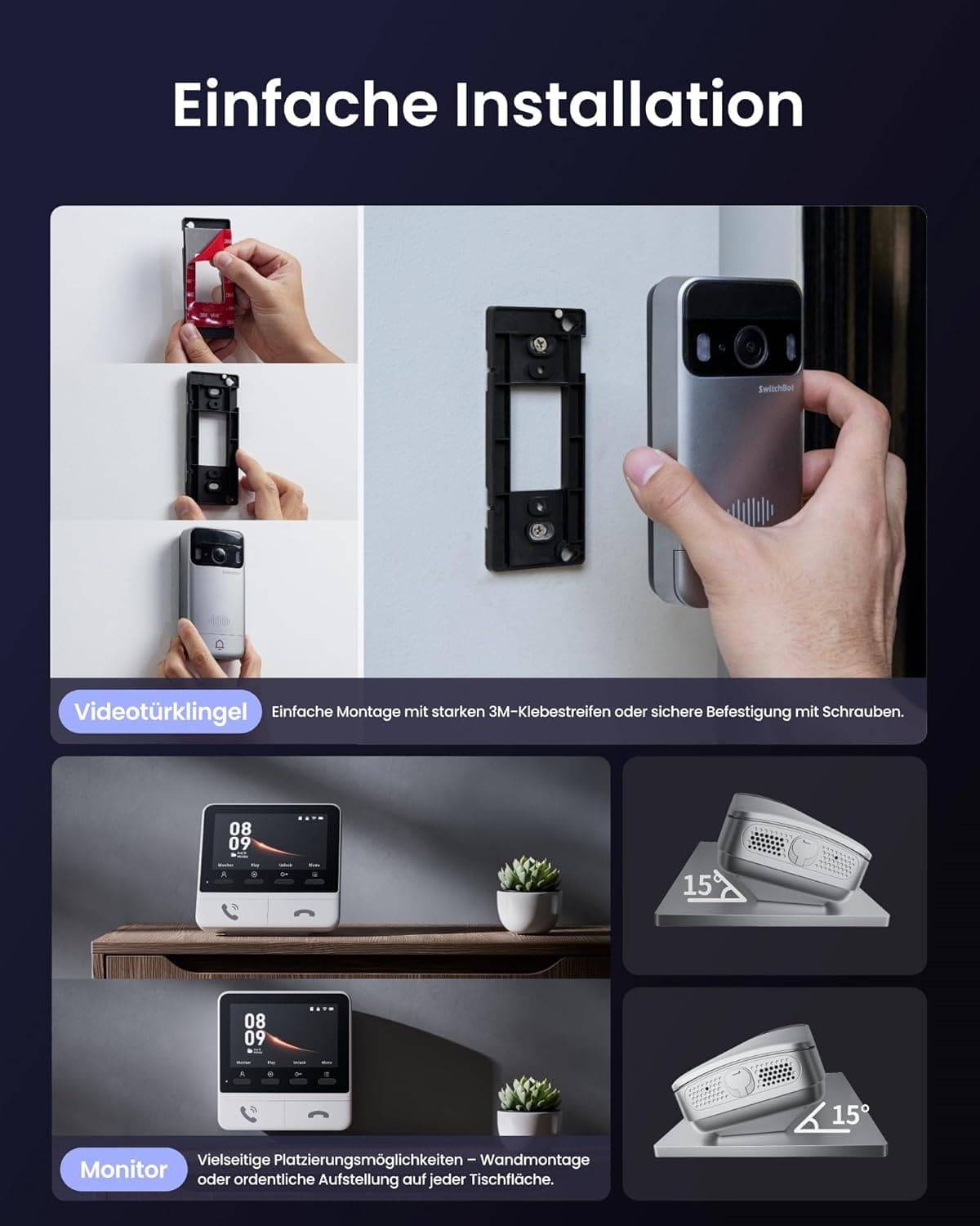 Eine Person installiert eine Videotürklingel mit Schrauben oder Klebstoff. Zusätzliche Bilder zeigen die Türklingel in Gebrauch und ihre Bewegungserkennungsfunktion.