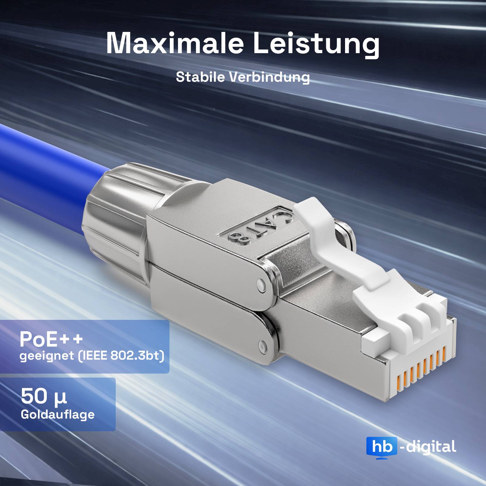 Werbebild eines RJ45-Ethernet-Steckers und eines blauen Kabels mit den Beschriftungen „Maximale Leistung