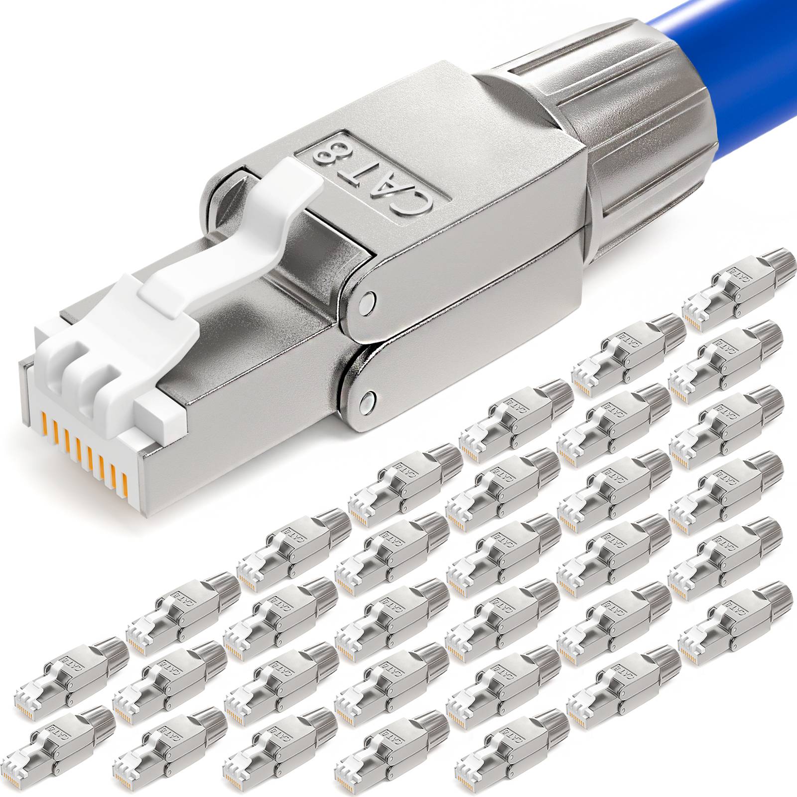 Nahaufnahme eines CAT7-Ethernetkabelsteckers mit mehreren kleineren identischen Steckersymbolen darunter auf weißem Hintergrund.