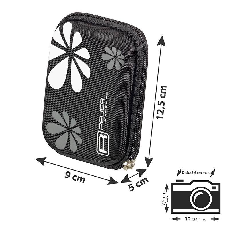Schwarze Kamera-Tasche mit Blumendesign, Abmessungen: 12,5 cm x 9 cm x 5 cm. Geeignet für Kameras bis zu 10 cm x 7,5 cm x 3,6 cm.