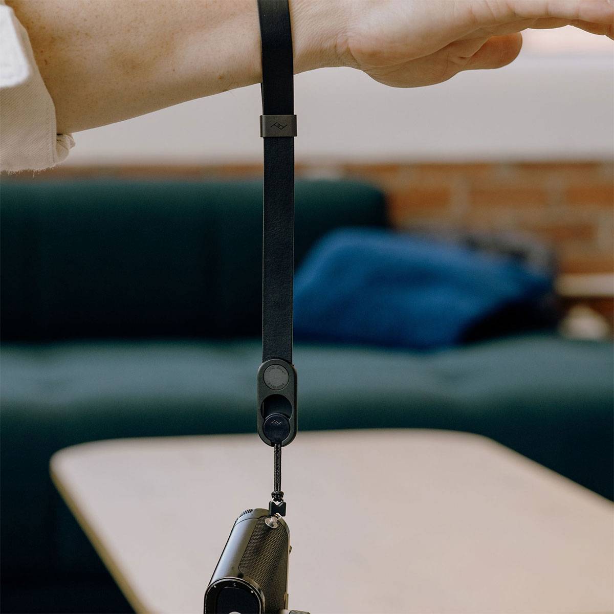 Eine Hand hält eine schwarze Leine, die an einer ausziehbaren Hundeleine befestigt ist, mit einem unscharfen Wohnzimmerhintergrund, der eine Couch und einen Tisch zeigt.