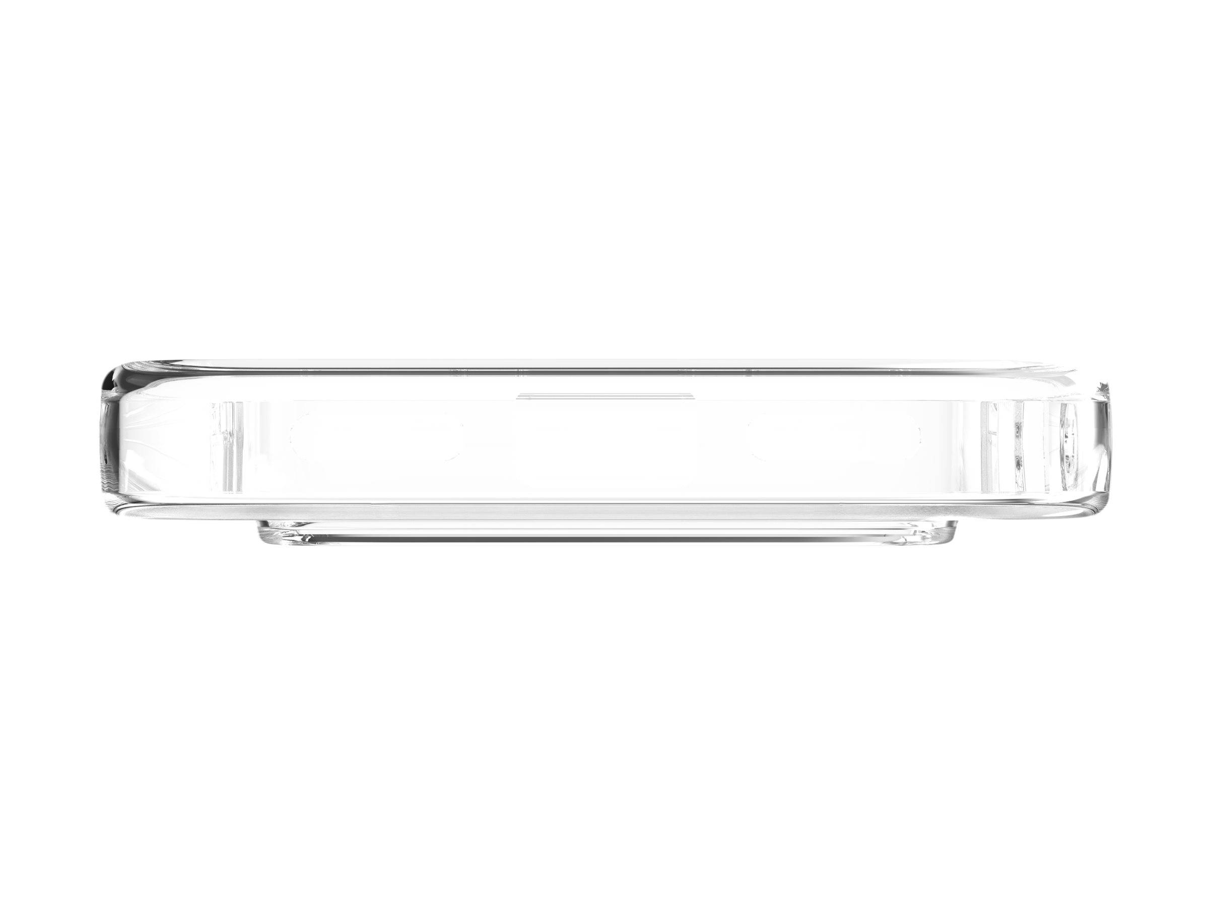 Seitenansicht einer durchsichtigen Kunststoff-Handyhülle, die deren schlankes Profil und Ausschnitte für Tasten und Anschlüsse zeigt.