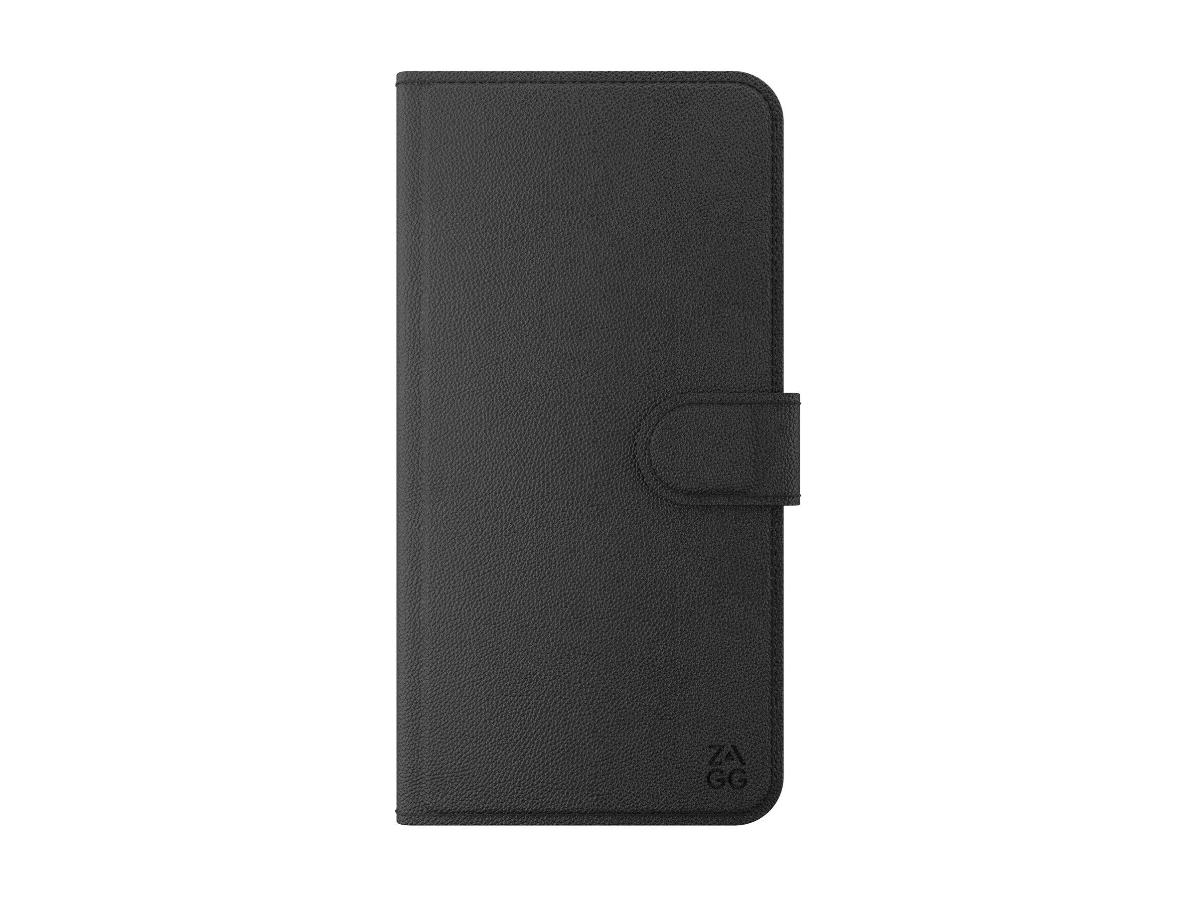 Schwarze Leder-Handyhülle mit Verschluss, mit dezenter 'ZAGG'-Markierung in der unteren Ecke.