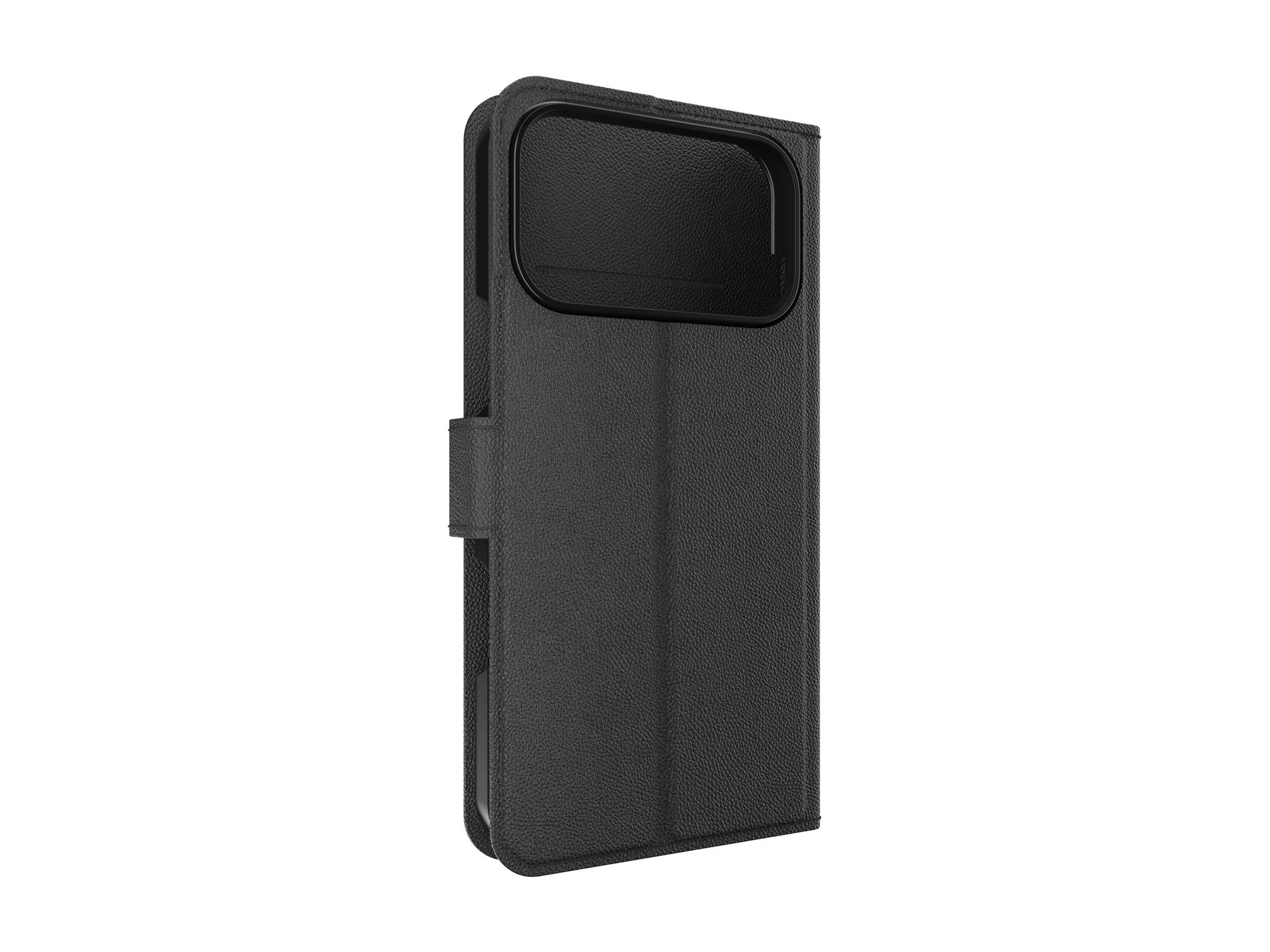 Eine schwarze strukturierte Handyhülle mit einem magnetischen Verschluss und einer Kameraabdeckungsklappe, die entwickelt wurde, um das Handy zu schützen und die Privatsphäre zu wahren.