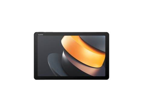 Ein schwarzes Tablet mit einem Bildschirm, der eine abstrakte orange-, gold- und graugewölbte 3D-Form auf hellem Hintergrund zeigt.