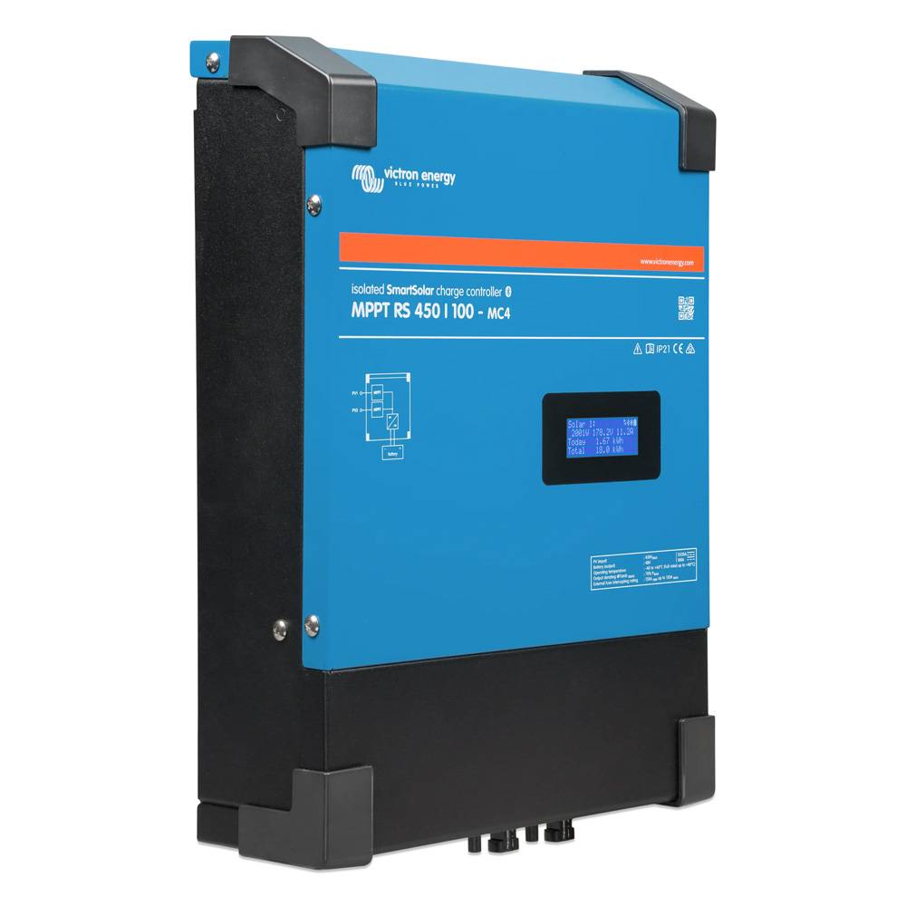 Victron Energy MPPT RS 450/100 - MC4 Solarladeregler. Blaue und schwarze Einheit mit Display, verwendet für Solarstromsysteme.