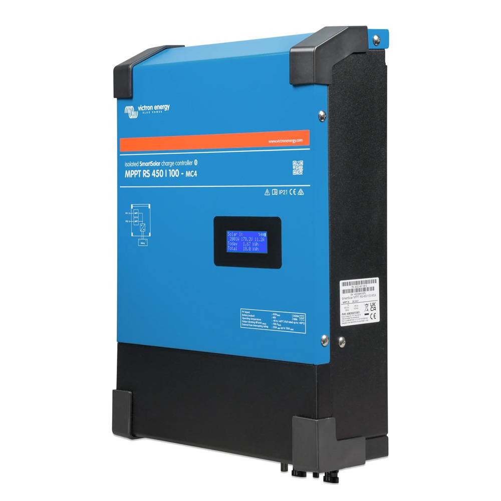 Solarladeregler in Blau und Schwarz mit beschrifteten Anschlüssen, Anzeigedisplay und technischen Spezifikationen. Verwendet zur Regulierung und Optimierung der Energieeingabe.