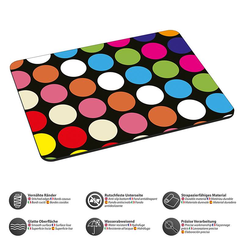 Ein rechteckiges Schneidebrett mit farbenfrohem Polka-Dot-Muster. Merkmale umfassen eine rutschfeste Unterseite, strapazierfähiges Material, glatte Oberfläche und Wasserbeständigkeit. Die Icons darunter heben diese Eigenschaften hervor.