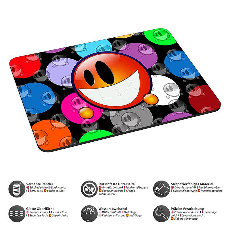 Bunte Cartoon-Smileys auf einem Mousepad mit leuchtenden Akzenten auf schwarzem Hintergrund. Icons darunter beschreiben Produktmerkmale.