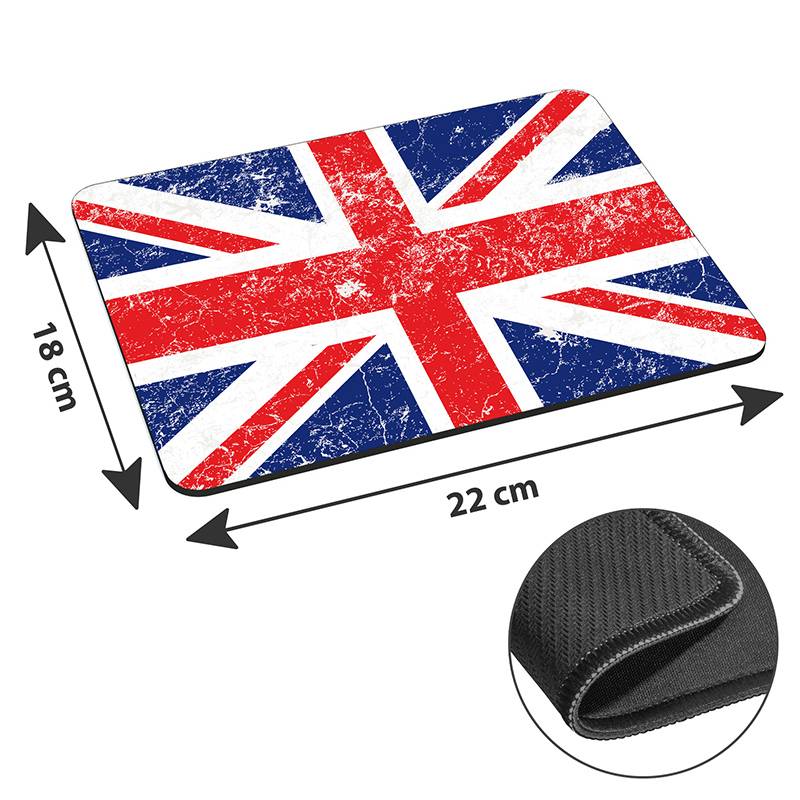 Mousepad mit abgenutztem Union Jack-Design, Maße 22 cm x 18 cm, rutschfeste Rückseite im Detailausschnitt dargestellt.