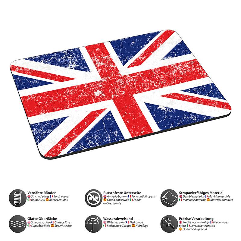 Ein rechteckiges Mauspad mit abgenutztem Union Jack-Design. Nachfolgend Beschreibung der Merkmale: strapazierfähige Kanten, rutschfeste Unterseite, glatte Oberfläche, wasserabweisend, robustes Material.