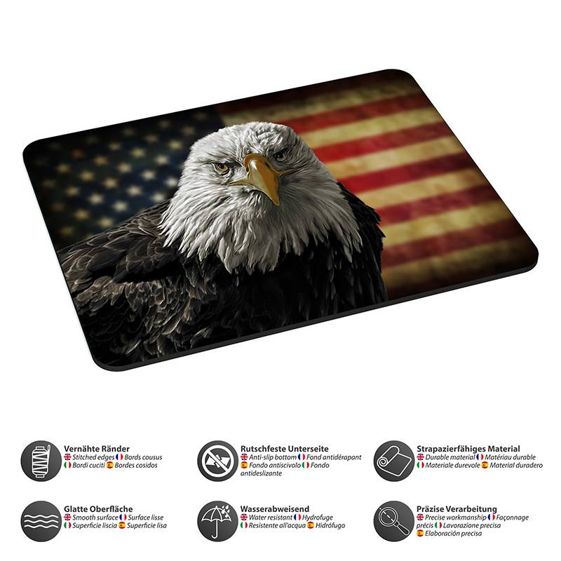 Ein Weißkopfseeadler ist prominent vor einer amerikanischen Flagge abgebildet. Darunter heben fünf Symbole Produktmerkmale wie rutschfest und wasserabweisend hervor.