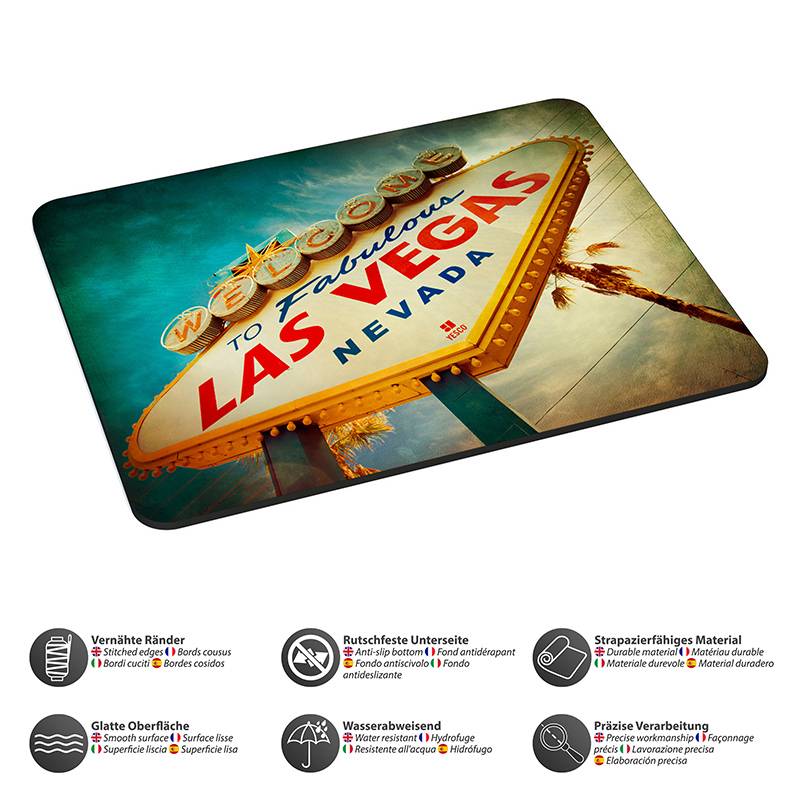 Willkommen im fabelhaften Las Vegas, Nevada' Schild vor blauem Himmel, mit Text über Oberflächeneigenschaften darunter.