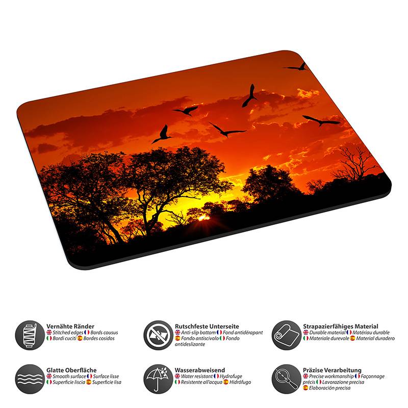 Eine Sonnenuntergangsszene mit Vögeln, die über Bäumen fliegen und als Silhouetten vor einem lebhaften orange-roten Himmel zu sehen sind. Icons unterhalb zeigen Details zu Produkteigenschaften.