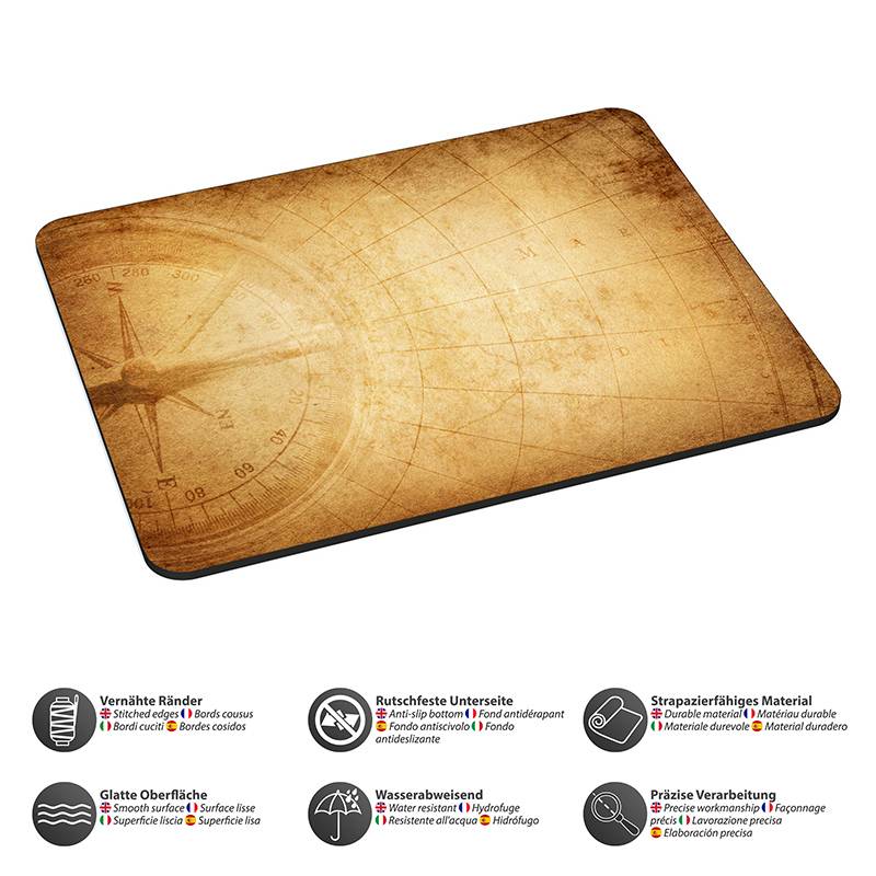 Eine strukturierte, im Vintage-Stil gehaltene Schreibtischunterlage mit einem Kompassdesign auf ihrer Oberfläche. Darunter befinden sich Icons, die verschiedene Eigenschaften wie Haltbarkeit und Wasserbeständigkeit hervorheben.