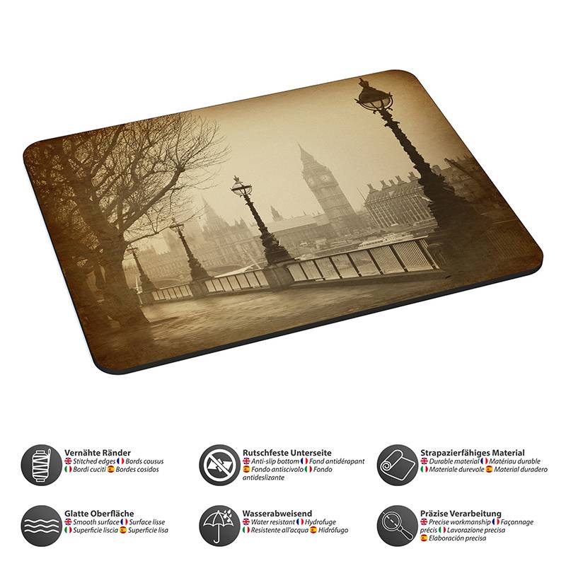 Ein seitenverkehrtes Bild einer Londoner Straßenszene in Sepia-Tönen mit Big Ben und der Westminster-Brücke im Hintergrund. Unterhalb befinden sich Icons, die Produktmerkmale wie Wasserdichtigkeit und eine rutschfeste Unterseite hervorheben.