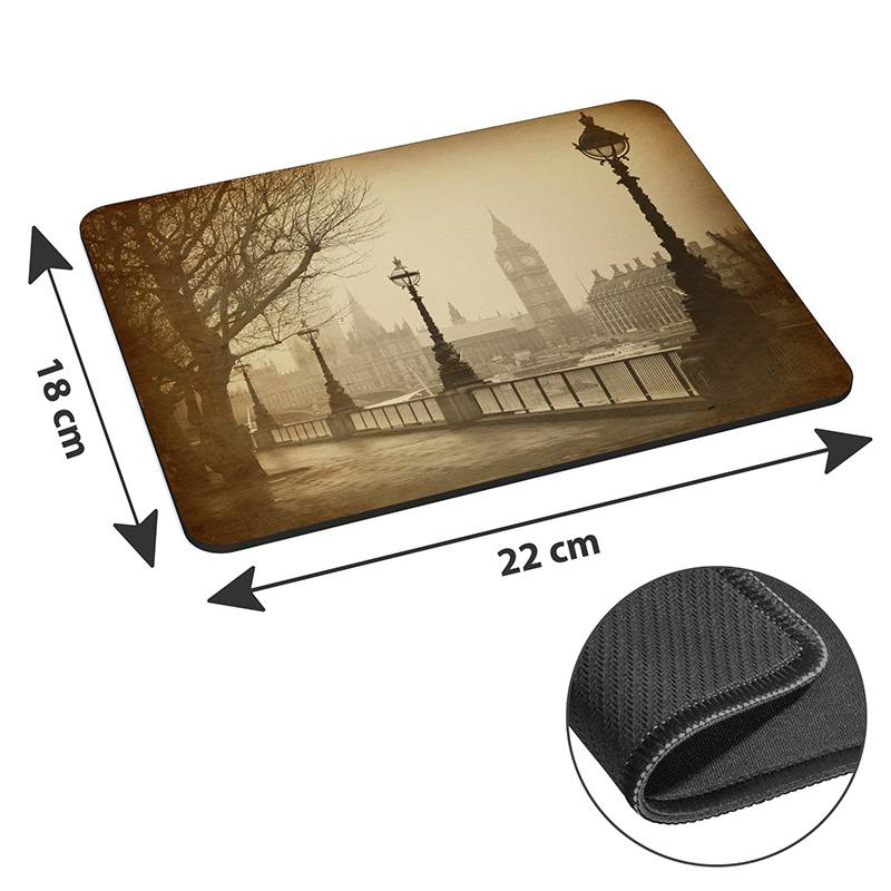 Vintage-Stil-Foto der Londoner Skyline auf einem Mousepad, 22 cm x 18 cm, mit rutschfester Rückseite im Detail dargestellt.