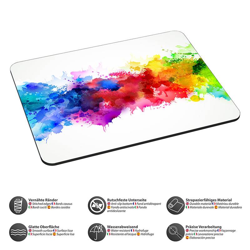 Ein rechteckiges Mousepad mit lebendigen Wasserfarben-Spritzern in Blau, Pink, Rot, Orange und Grün. Icons und Text unten heben Merkmale hervor: abgerundete Kanten, glatte Oberfläche, rutschfeste Unterseite, wasserdicht, langlebig.