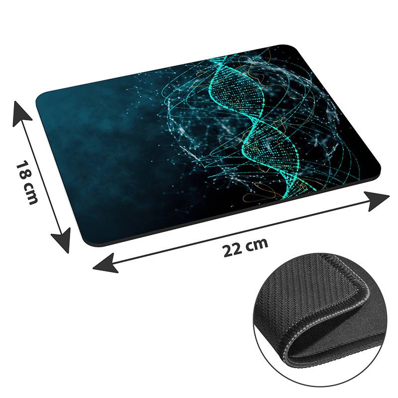 Mauspad mit einem DNA-Helix-Design, Abmessungen 22 cm x 18 cm, mit einer rutschfesten Gummibasis, die in der Detailansicht gezeigt wird.