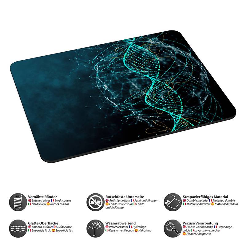 Ein rechteckiges Mousepad mit einem leuchtenden DNA-Helix-Muster auf dunklem Hintergrund. Icons darunter heben Merkmale wie Rutschfestigkeit und Wasserbeständigkeit hervor.