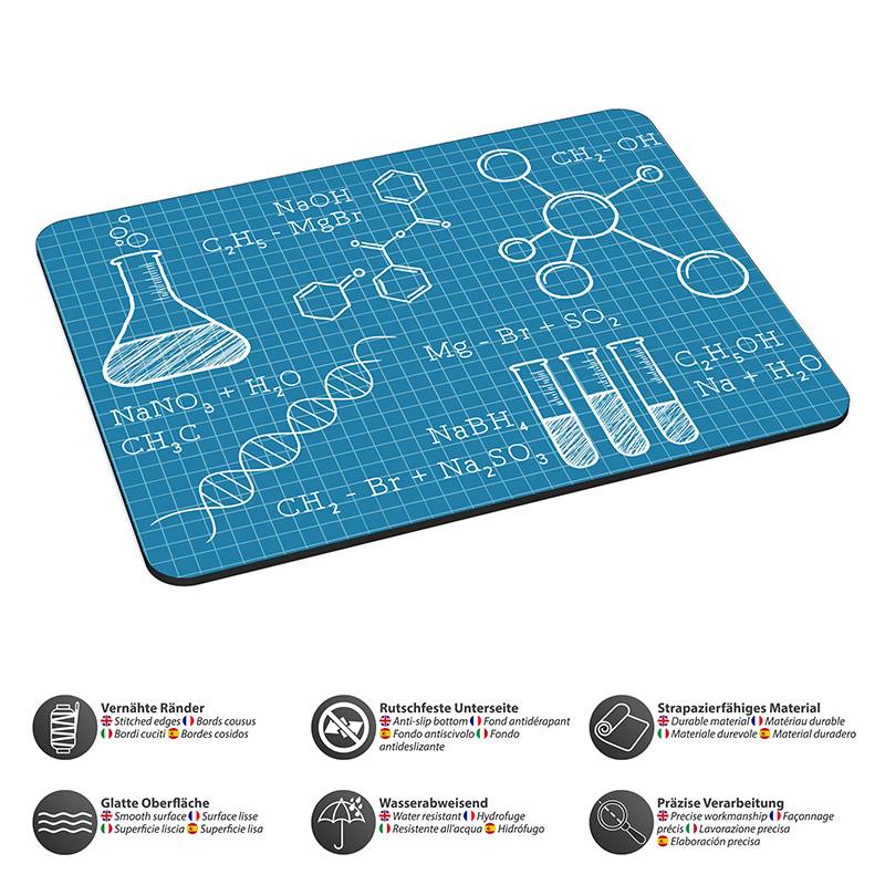 Chemische Formeln und Skizzen von Laborausrüstung auf einem blauen Rasterhindergrund, die beschriftete Verbindungen und Reagenzgläser zeigen, was ein wissenschaftliches Thema andeutet.