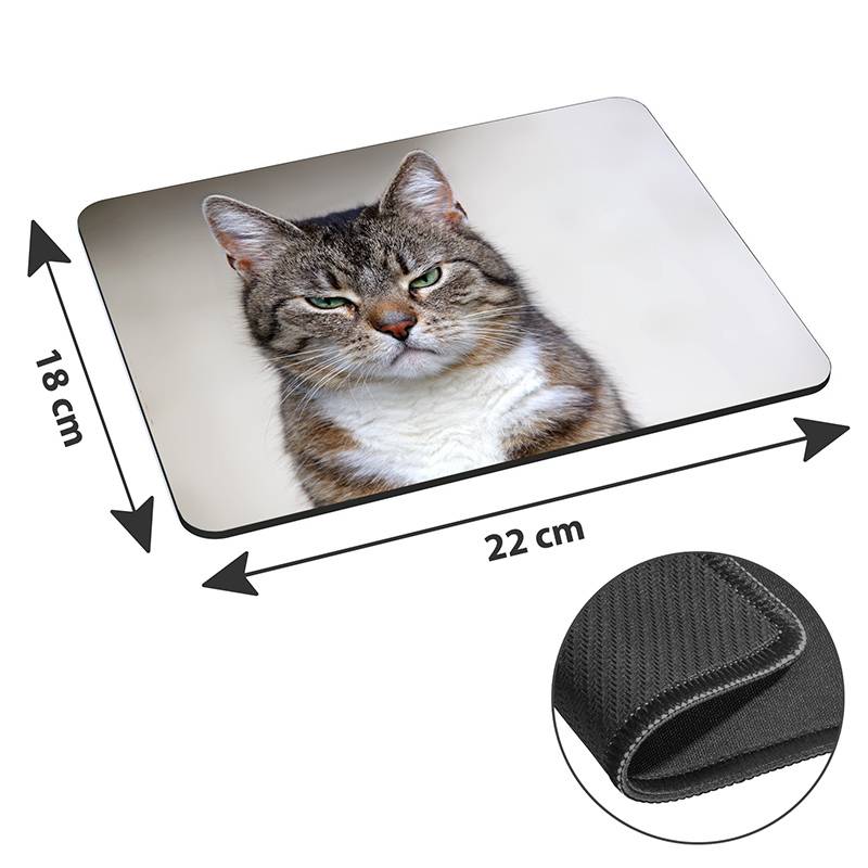 Mousepad mit einem Bild einer Tigerkatze. Die Abmessungen betragen 22 cm x 18 cm. Zeigt eine Nahaufnahme der Materialtextur und des gesteppten Randes.