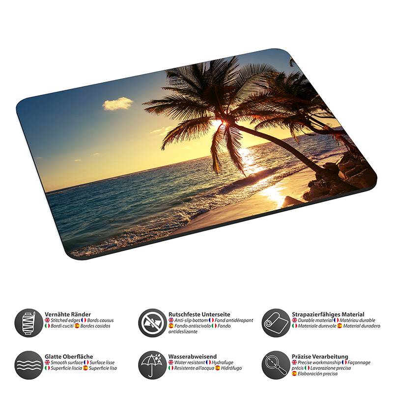 Blick auf einen Küstensonnenuntergang mit Palmen am Ozean. Unten heben Icons Merkmale hervor: 'Verstärkte Kanten', 'Rutschfeste Basis', 'Robustes Material', 'Glatte Oberfläche', 'Wasserabweisend'.