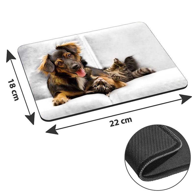 Eine Haustier-Matte mit einem Hund und einer Katze, die zusammen liegen, misst 22 cm x 18 cm. Die Matte hat eine rutschfeste Rückseite.
