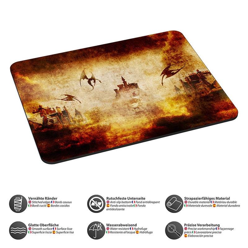 Eine Landschaft mit einem dunklen, feurigen Himmel, über dem Drachen über einer heruntergekommenen Stadt fliegen. Darunter zeigen Icons die Produktmerkmale wie Kantenveredelung und Wasserbeständigkeit.