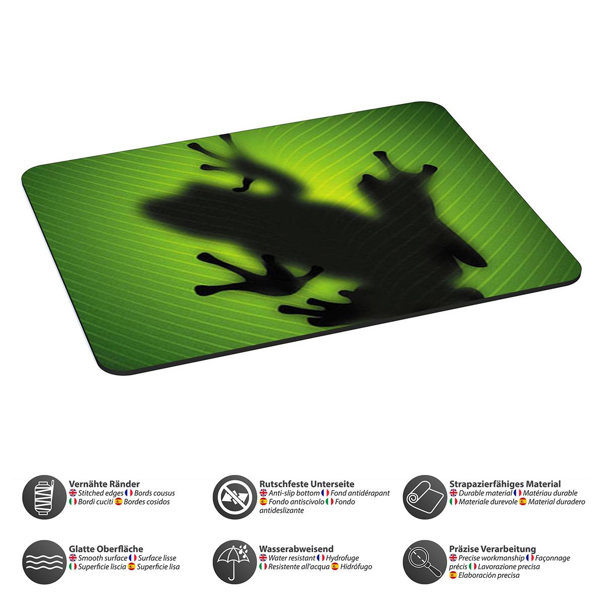 Eine Froschsilhouette ist vor einem leuchtend grünen Blätterhintergrund zu sehen. Das Bild bewirbt eine robuste, wasserdichte und rutschfeste Matte.