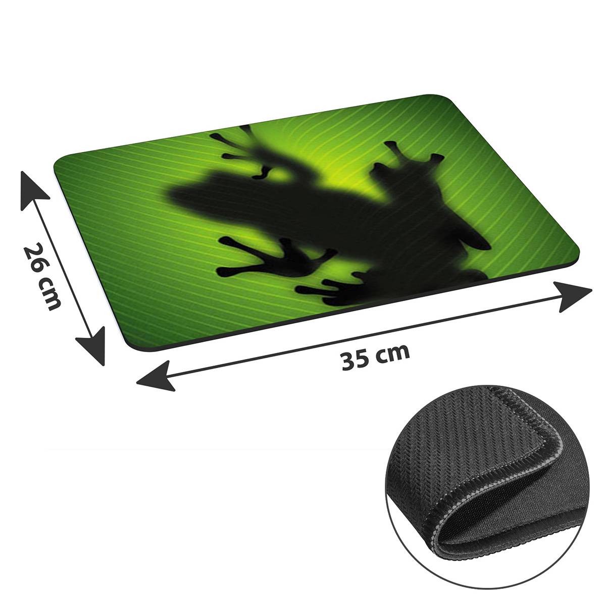 Ein Mousepad mit einer Frosch-Silhouette auf grünem Hintergrund, misst 35 cm x 26 cm, mit einer Nahaufnahme des strukturierten Randes.