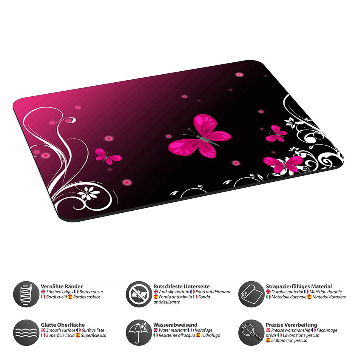 Ein farbenfroher Schneidebrett mit rosa Schmetterlingen und Blumenmustern auf einer eleganten, dunklen Oberfläche. Symbole zeigen rutschfeste, abgerundete Kanten, glatte Oberfläche und wasserdichte Eigenschaften.