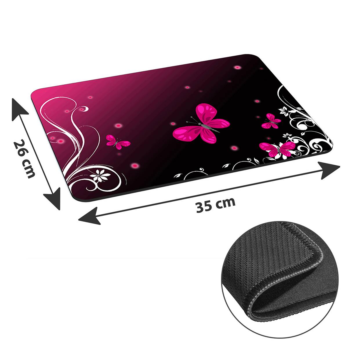Rechteckiges schwarzes und rosa Mauspad mit Schmetterlings- und Blumendesign, mit Abmessungen von 26 cm x 35 cm, Nahaufnahme des strukturierten Randes.