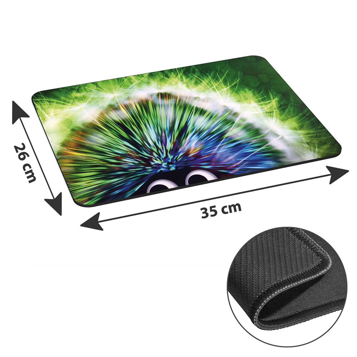 Laptophülle mit einem lebhaften Design, das ein fellartiges Muster und verspielt Augen aufweist, misst 35 cm x 26 cm. Nahaufnahme des sicheren Reißverschlusses.