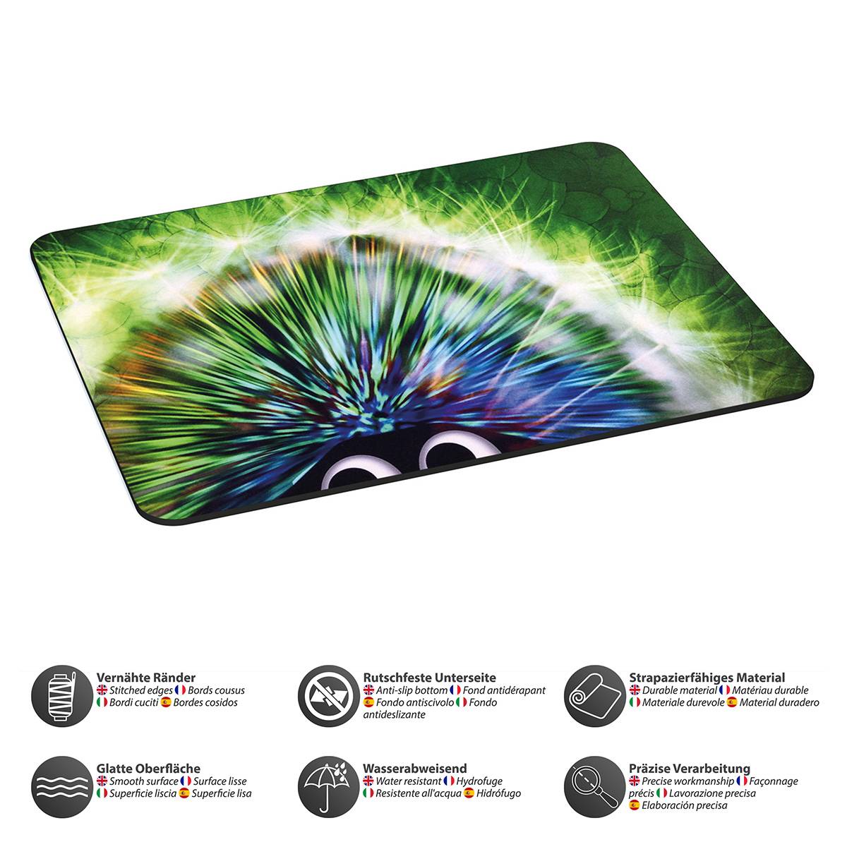 Ein farbenfroher Schneidebrett mit einem lebhaften Design, das zwei cartoonhafte Augen in einem Farbenspektakel zeigt. Symbole darunter unterstreichen Haltbarkeit und Eigenschaften.