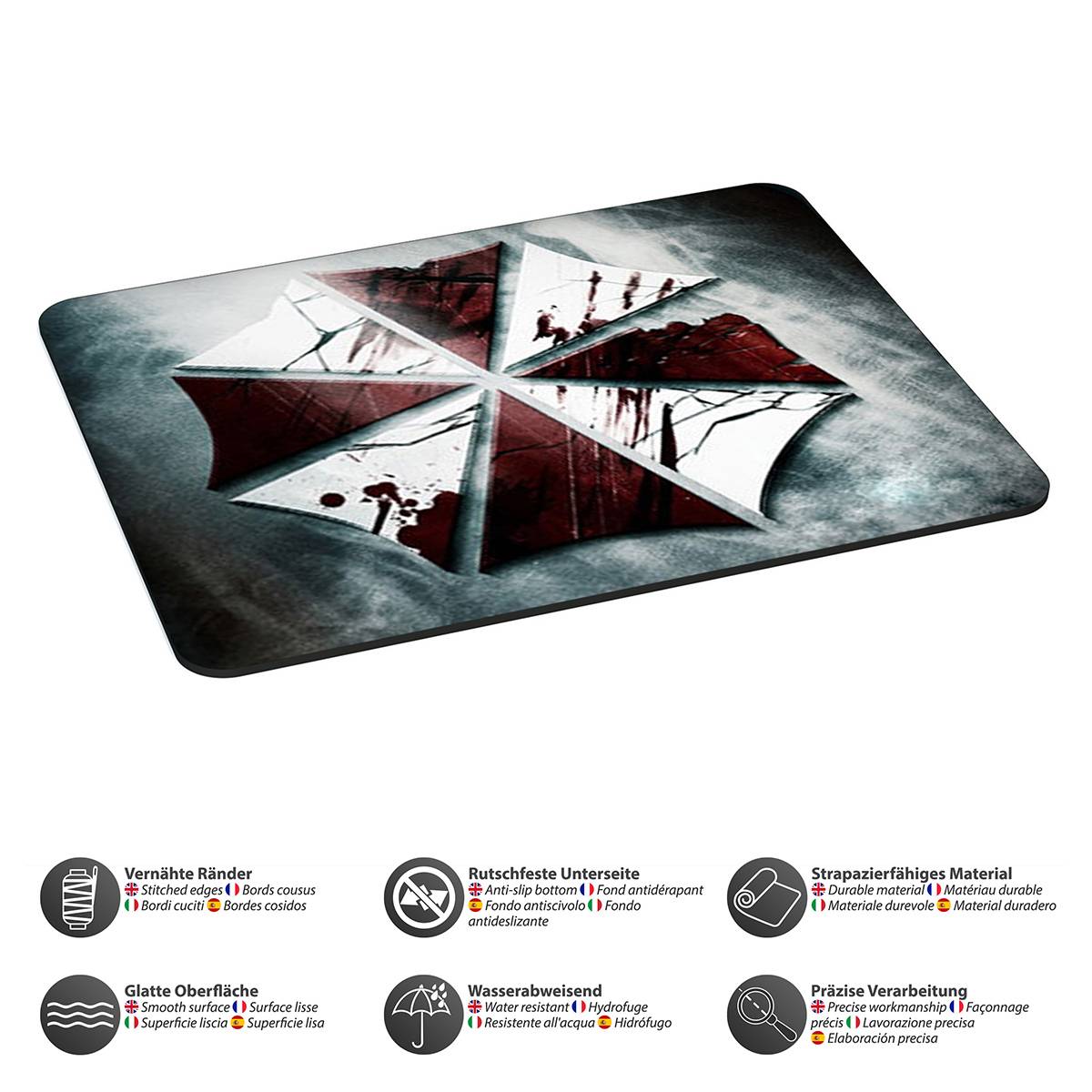 Rechteckiges Mousepad mit einem stilisierten Regenschirm-Logo und einem Blutspritzer-Design auf einem dunklen, strukturierten Hintergrund.