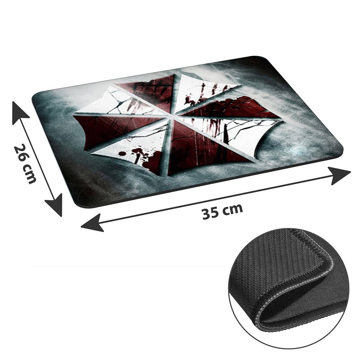 Rechteckige Mausunterlage mit einer Größe von 35 cm x 26 cm, versehen mit einem Logo mit roten und schwarzen Elementen auf grauem Hintergrund.