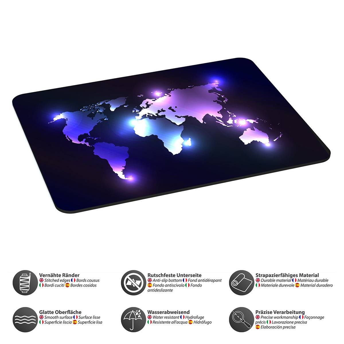 Ein rechteckiges Mauspad zeigt eine leuchtende Weltkarte mit hervorgehobenen Standorten. Darunter befinden sich Icons, die Eigenschaften wie Langlebigkeit und Wasserresistenz detailliert beschreiben.